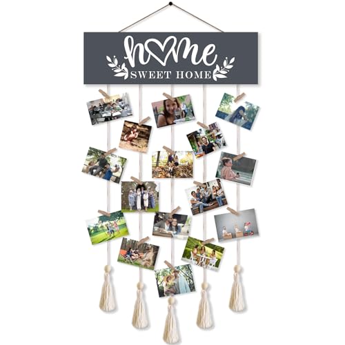 Home Sweet Home Family Hanging Display Board with 16 Clips, Rustic Wood Picture Collage Frame with Tassels Farmhouse Wall Decor - color: Home Sweet Home