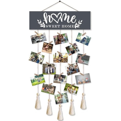 Home Sweet Home Family Hanging Display Board with 16 Clips, Rustic Wood Picture Collage Frame with Tassels Farmhouse Wall Decor - color: Home Sweet Home