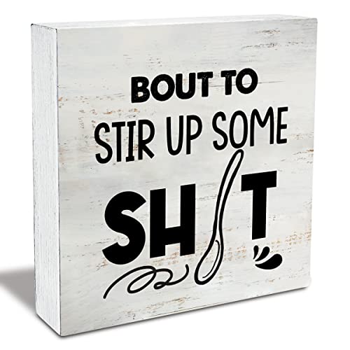 Rustic Bout to Stir up Wood Box Sign Funny Kitchen Wooden Box Sign Farmhouse Home Kitchen Desk Shelf Decor (5 X 5 Inch) - color: Natural Wood