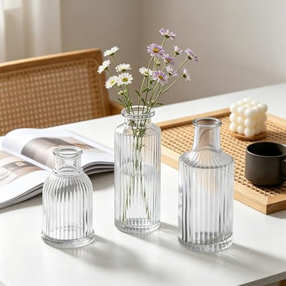 Mini Ribbed Glass Bud Vases Set of 6, Small Fluted Glass Flower Vases for Wedding Reception Centerpieces, Tabletop Decorations, Modern Home Decor