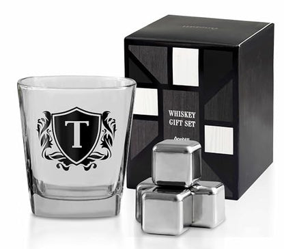 Whisky Gifts for Men, Personalized Initial Whiskey Glass with Whiskey Stones for Dad, Boyfriend, Best Friends, Coworkers, Husband, Brother, Uncle and Boss on Father's Day, Boss Day and Birthday - T - color: T