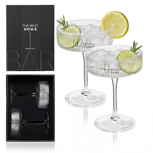 AW BRIDAL 8.5oz Ribbed Coupe Glasses Set of 2, Martini Champagne Glass | Housewarming Gifts for New Home, Wedding Gifts for Couples 2026, Martini Cocktail Glass, Couple Gift for Bridal Shower - style: House Rules & Wine O'Clock