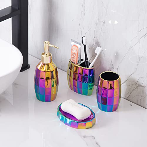 Rainbow Bathroom Accessory Set, Colorful/Gold Mosaic Ceramic Bathroom Accessories Sets Includes Lotion Dispenser, Toothbrush Holder Tumbler, and Soap Dish - color: Rainbow