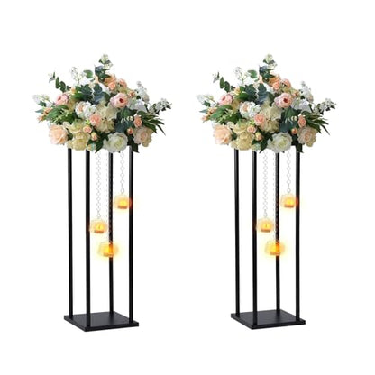 Rectangular Metal Wedding Flower Stand Vase with Hanging Glass Globe Terrarium Tealight Candle Holder, Multifunctional Geometric Column Frame Centerpiece (Black, 2 Pcs 25.2'')