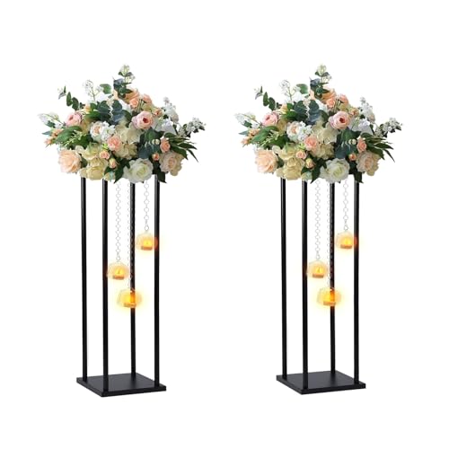Rectangular Metal Wedding Flower Stand Vase with Hanging Glass Globe Terrarium Tealight Candle Holder, Multifunctional Geometric Column Frame Centerpiece (Black, 2 Pcs 25.2'')