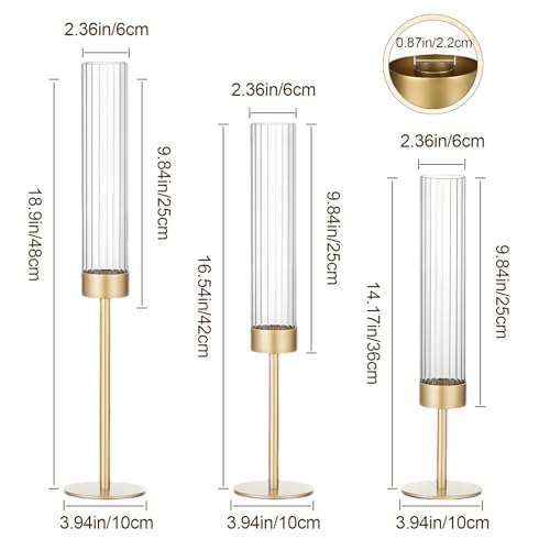Garvee Gold Hurricane Candle Holders Set of 3, Taper Candlestick Holders with Ribbed Glass Cylinder Sleeves, Elegant Table Centerpiece for Wedding, Birthday, Christmas, Home Decor - size: 3