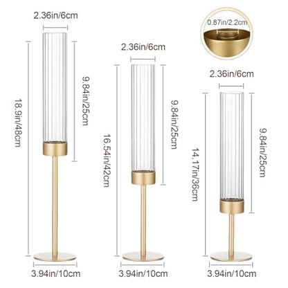 Garvee Gold Hurricane Candle Holders Set of 3, Taper Candlestick Holders with Ribbed Glass Cylinder Sleeves, Elegant Table Centerpiece for Wedding, Birthday, Christmas, Home Decor - size: 3