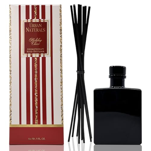 Reed Diffuser Set, Holiday Cheer - Bathroom Shelf Décor | Cranberry, Cinnamon, Evergreen, Cedar & Smokey Wood, 5 ounce Sleek Black Rectangular Refillable Glass Bottle, Made in the USA - color: Holiday Cheer
