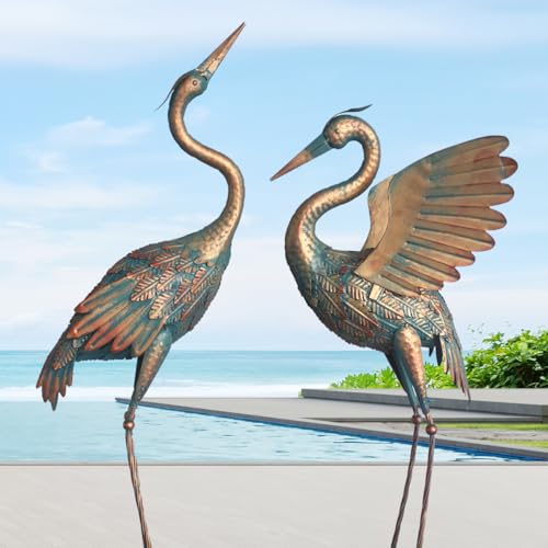 Crane Garden Sculpture & Statues, Metal Yard Art for Yard Pond Lawn | 33-37 Inch Metal Crane Garden Statue Décor, Set of 2 Copper - color: Copper