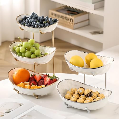 White Fruit Bowl with Gold Metal Stand, 2 Tier Modern Ceramic Fruit Bowl Fruit Rack for Kitchen Counter, Tiered Fruit Basket for Snacks Bread Candy Storage (White A,2 Tier) - color: White A,2 Tier