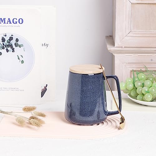 Large Ceramics Coffee Mugs,24 OZ,With Spoon And Wooden Lid,For Coffee,Tea,Cocoa,Large Handle Design,Microwave And Dishwasher Safe(Color:24 oz blue set) - color: 24 oz blue set