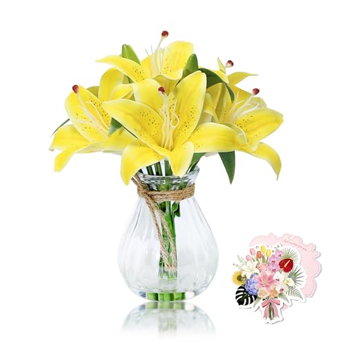 11in Artificial Yellow Lily in Glass Vase with Faux Water for Home Decor | Zero-Maintenance Silk Lily Floral Arrangement for Home Living Room Office Desk Decor & Party,Perfect Housewarming Gift - color: Yellow Lily With Glass Vase