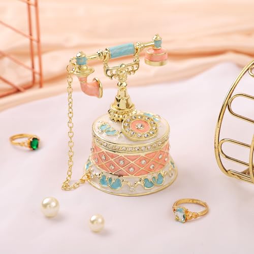 QIFU Hand Painted Pink Telephone Style Enamel Trinket Box Hinged, Unique Small Jewelry Box to Store Your Jewelry in Style - style: Telephone