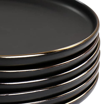 Elama Paul 6 Piece Stoneware Salad Plate Set in Matt Black with Gold Rim (Arthur Paul Salad) - color: Matte Black, size: 6 Piece Set