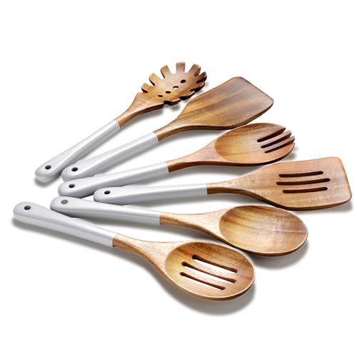 Wooden Spoons For Cooking, 6 Pieces Natural Acacia Wooden Cooking Utensils or Non-Stick Wooden Kitchen Utensil Set for Kitchen Essentials, Wood Cooking Utensils Set with Hanging Hole, Grey - color: Gray