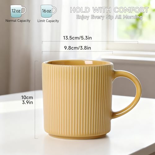 MONITO Coffee Mugs Set of 6,16 oz Ceramic Coffee Cups with Large Handles | Stoneware Mugs Set Suitable for Lattes,Hot tea,Cappuccinos,Mochas and Cocoa,Microwave & Dishwasher Safe,Lemon Yellow - color: Lemon Yellow, size: 6PCS