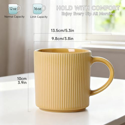 MONITO Coffee Mugs Set of 6,16 oz Ceramic Coffee Cups with Large Handles | Stoneware Mugs Set Suitable for Lattes,Hot tea,Cappuccinos,Mochas and Cocoa,Microwave & Dishwasher Safe,Lemon Yellow - color: Lemon Yellow, size: 6PCS
