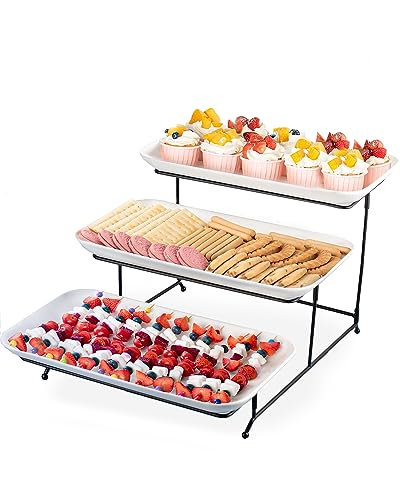 DELLING 3 Tier Serving Tray Set 16 Inch, Large Porcelain Tiered Platters with Collapsible Stand - Serving Dishes for Entertaining Dessert Table Party, Easy Assembly, White - size: 16 inch