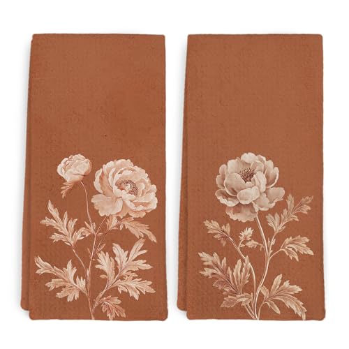 Vintage Burnt Orange Floral Kitchen Towel and Dish Towel Set of 2, Rustic Terracotta Decor Hand Towels, Farmhouse Botanical Decorative Hand Dish Tea Towels for Bathroom Kitchen, 16x24 Inch - color: Burnt Orange Floral