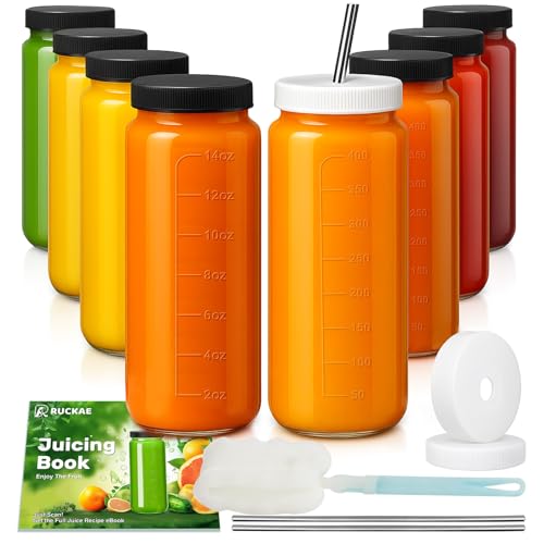 Ruckae 16oz 8 Pack Juice Bottles, Glass Bottles Juicing with Lids, Smoothie Cup Lids and Straws, Water Bottle Mason Jar Drinking Glasses for Juicing, Smoothies, Kombucha - color: Transparent, size: 16oz-8pack