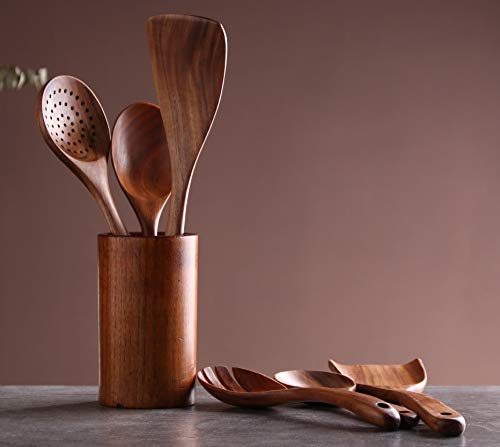 Kitchen Utensils Set, NAYAHOSE Wooden spoons for Cooking Non-stick Pan Kitchen Tool Wooden Cooking Spoons and Wooden utensil storage wooden barrel - size: 7Pcs Set