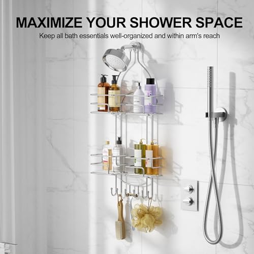 SRIWATANA Shower Caddy Hanging, Shower Organizer with Razor Hooks, Chrome | Rustproof Shower Rack, No Drilling Shelves Over Shower Head, Anti-Swing Scution Install, Bathroom Holder for Sponge Loofah - color: Chrome