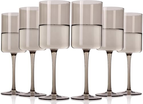Smokey Gray Wine Glasses Set of 6-14oz【 Hand Blown 】 Square Colored Wine Glasses,Colorful Glasses with Tall Long Stems, Modern Glasses Set of 6 For All Occasions - color: Smokey Grey