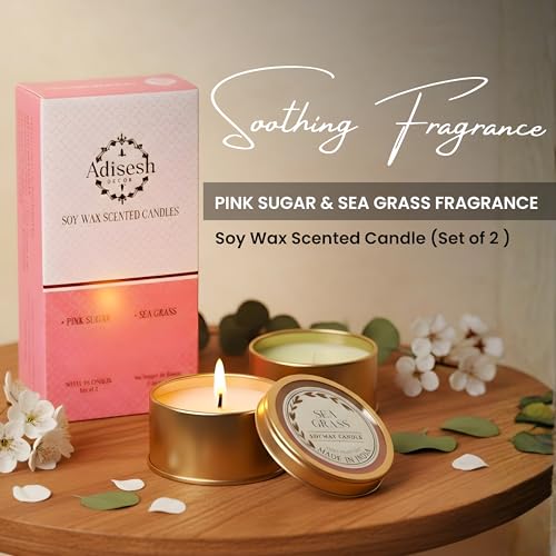Soy Wax Scented Candles - Pink Sugar & Sea Grass (Set of 2) | Metal Tin Scented Candles for Home Decoration, Burn Time 14-15 Hrs Each, Luxury Fragrance Candles for Gifting - size: Set of 2