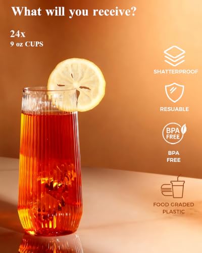 BESTSTAR 48 Pack Clear Disposable Ribbed Origami Ripple Plastic Glasses Set | 24 9OZ Stemless Champagne Flutes & 24 12OZ Cups, BPA-Free Shatterproof Clear Drinkware for Weddings, Parties & Events - color: Clear Ribbed