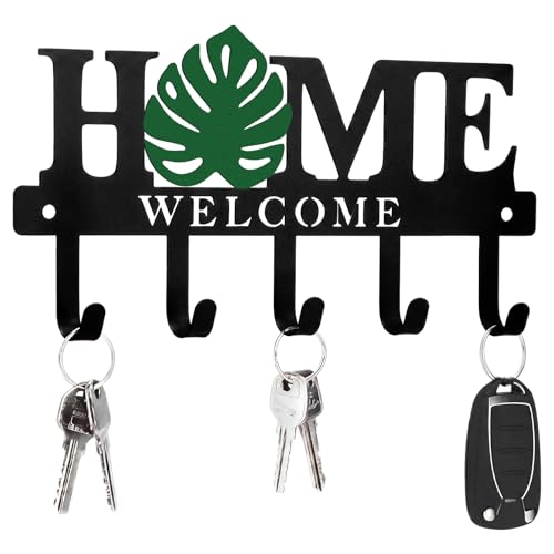 Key Holder Wall Mount Monstera Leaf Metal Key Hooks Organizer with 5 Hooks Rustic Farmhouse Welcome Home Wall Hook Tropical Boho Decor for Entryway Bathroom Hallway Living Room 9.8 Inch - style: Monstera