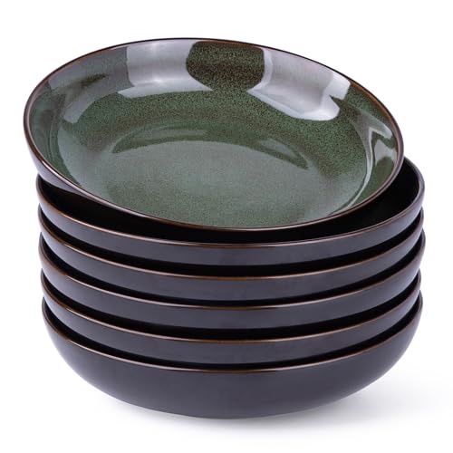 LERATIO 9.0" Ceramic Pasta Bowls Set of 6,38oz Large Stoneware Bowls Set | Reactive Glaze Serving Bowls Set,Wide Bowl for Pasta,Salad,Fruit & Noodles,Housewarming & Wedding Gift-Green - color: Green, size: Set of 6