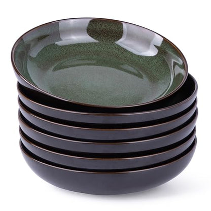 LERATIO 9.0" Ceramic Pasta Bowls Set of 6,38oz Large Stoneware Bowls Set | Reactive Glaze Serving Bowls Set,Wide Bowl for Pasta,Salad,Fruit & Noodles,Housewarming & Wedding Gift-Green - color: Green, size: Set of 6