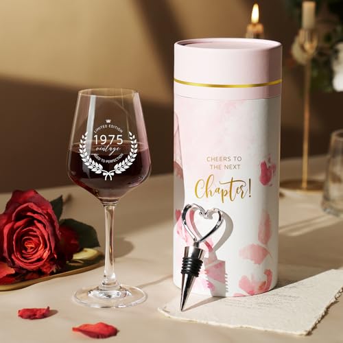 AW BRIDAL 50th Birthday Gifts for Women Her, Personalized 1975 Vintage Wine Glass Gift Set for 50 Year Old Birthday Decorations, Born in 1975 Gifts for Mom Dad Wifey Husband Sisters Friend Coworker - style: 50th (1975 Vintage)