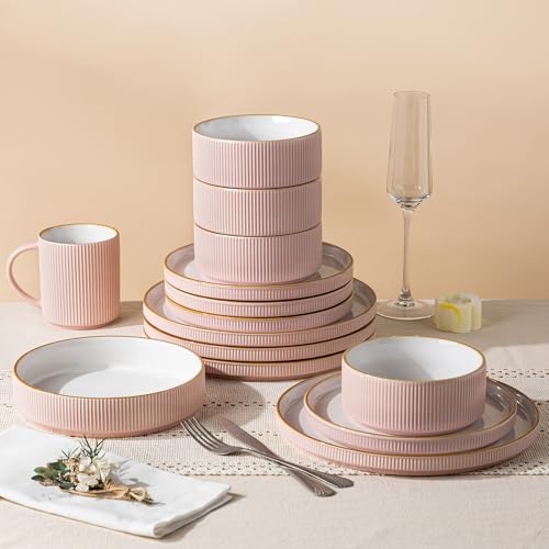 GBHOME Stoneware Dinnerware Sets for 4, 12 Pieces Plates and Bowls Set | Lightweight Ceramic Ribbed Dishes, Reactive Glaze Stackable Plate Set, Scratch Resistant, Microwave & Dishwasher Safe, Pink - color: Pink