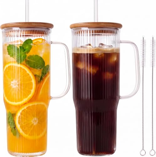 40 oz Glass Tumbler with Handle, Large Glass Tumbler with Straws and Lids, 2 Pack Ribbed Drinking Cups for Iced Coffee, Boba, Smoothies, Juice and Water