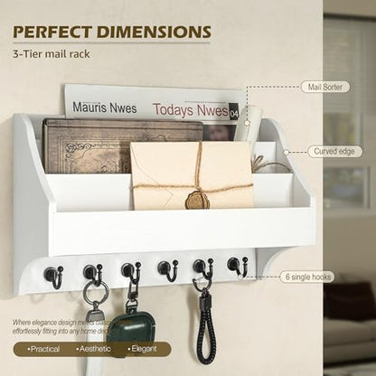 Rebee Vision Mail Organizer Wall Mounted with 6 Key Hooks for Office, White | Pine Wood, Key Holder Wall Mount, Mail Holder, 3-Tier Letter Slots, key Hanger, Entryway Storage, Apartment Rustic Aesthetic - color: White
