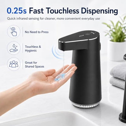 Automatic-Soap-Dispenser, 300ml Touchless Soap Dispenser with USB-C Rechargeable 1200mAh Battery, 4 Adjustable Levels, IPX5 Waterproof Liquid Soap Dispenser for Bathroom Kitchen Office, Black