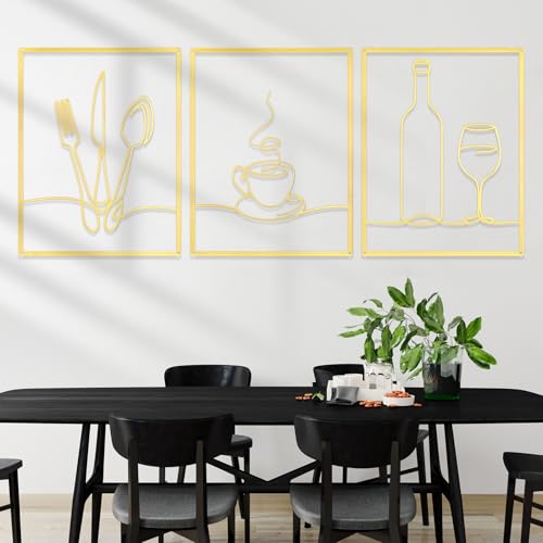 Otoolling 3 Pcs Metal Kitchen Wall Art Line 14x11,Dining Room,Gold | Minimalist Line Art with Fork Knife Coffee Wine Motifs, Rustic Decor for Dining Living Bathroom, Metal Frame on Gold - color: Gold, style: Dining Room