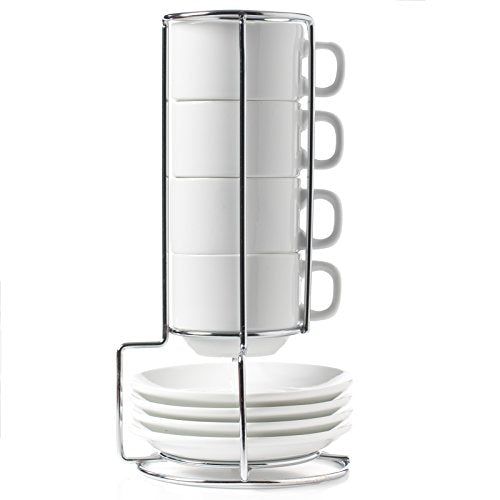 Huji Stack-able Porcelain 4 Ounces Espresso Turkish Coffee Cups and Saucer with Chrome Rack (1)