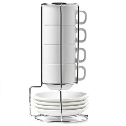Huji Stack-able Porcelain 4 Ounces Espresso Turkish Coffee Cups and Saucer with Chrome Rack (1)