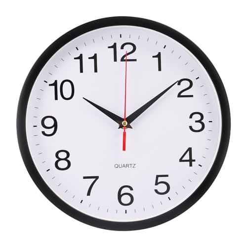 Wall Clock Plastic Frame Silent Non-Ticking Round Indoor Clock Analog Battery Operated Modern Wall Clocks for Home, Office, Hotel, Bedroom, Living Room, Kitchen (Black, 10inch) - color: Black, size: 10inch