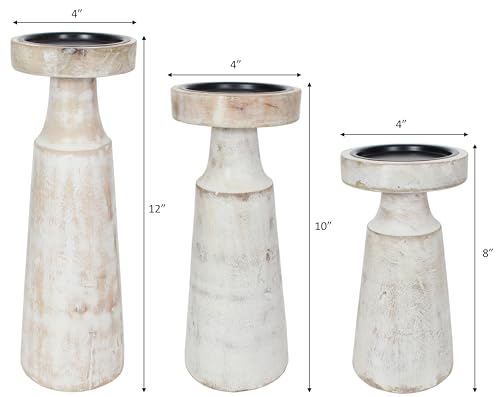 Set of 3 Pieces Wood Pillar Candle Holders, Mango Wooden Candlesticks Holders 12 Inch, 10 Inch, 8 Inch Height (White Wash) - color: White Wash