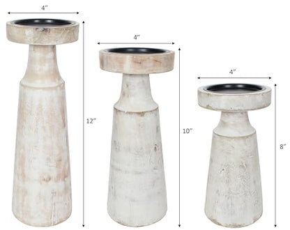 Set of 3 Pieces Wood Pillar Candle Holders, Mango Wooden Candlesticks Holders 12 Inch, 10 Inch, 8 Inch Height (White Wash) - color: White Wash