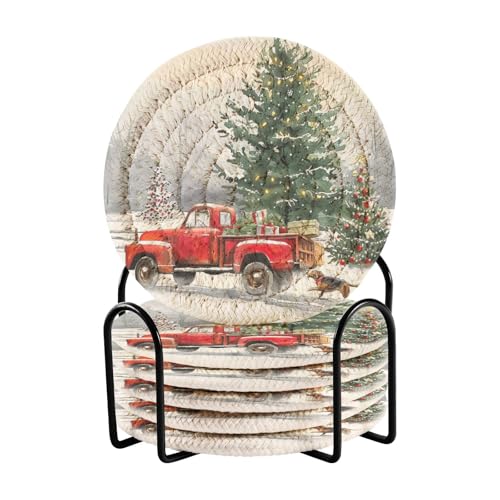 Caikeny 6 Pcs Drink Coasters with Metal Holder Truck Christmas Tree dogAbsorbent Coasters Decorative Woven Coaster Set - color: Multi 10k1.18