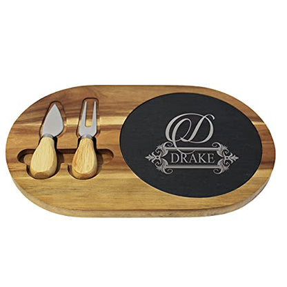 My Personal Memories Premium Personalized Acacia and Slate Cheese and Charcuterie Serving Board with Tools Included (Round 8" x 12") - style: Round 8" x 12"