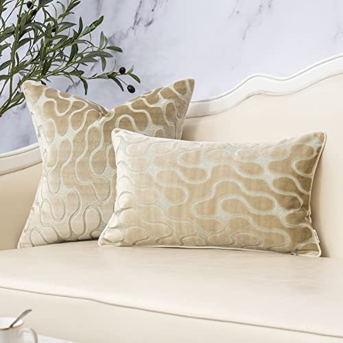 Beige Square Throw Pillow Cover Wavy Velvet Cushion Cover Modern Zippered Pillowcase for Sofa Couch Bedroom Living Room Chair, 20 x 20 Inch - color: Beige, size: 20" x 20" (Pack of 1)