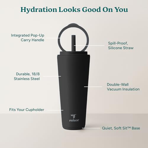 REDUCE Halo 32 oz Stainless Steel Vacuum Insulated Tumbler - Spill Proof Travel Mug with Flip Handle Lid - Keeps Drinks Cold for 32 Hrs - Dishwasher Safe - Cupholder Friendly - Phantom - color: Phantom, size: 32 Ounces