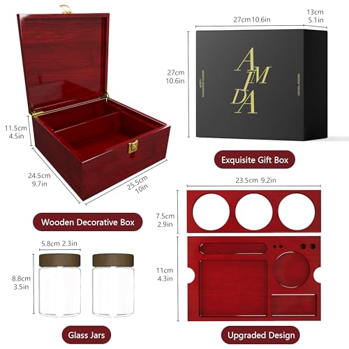Large Wooden Box Decorative Storage Box with Lock & Accessories - Premium Stash Box with 2 Glass Jar, Brushes,Tubes,Keepsake Memory Treasure Box for DIY Crafts Photo Storage Gifts Birthday Christmas