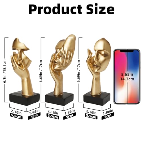 Gold Decor Thinker Statues Set of 3,Golden Abstract Face Resin Sculptures,Home Decor Accents,Office Bookshelf Decor, Shelf Side, Table Decorations for Living Room, Gift for Friends (gold-3Pcs)