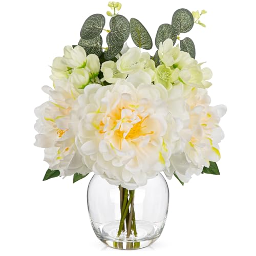 Hollyone White Peonies Artificial Flowers Peony Fake Flowers in Vase Silk Flower Arrangements with Glass Vase with Faux Water for Home Decor Bathroom Coffee Table Centerpiece Shelf Decorations - color: White
